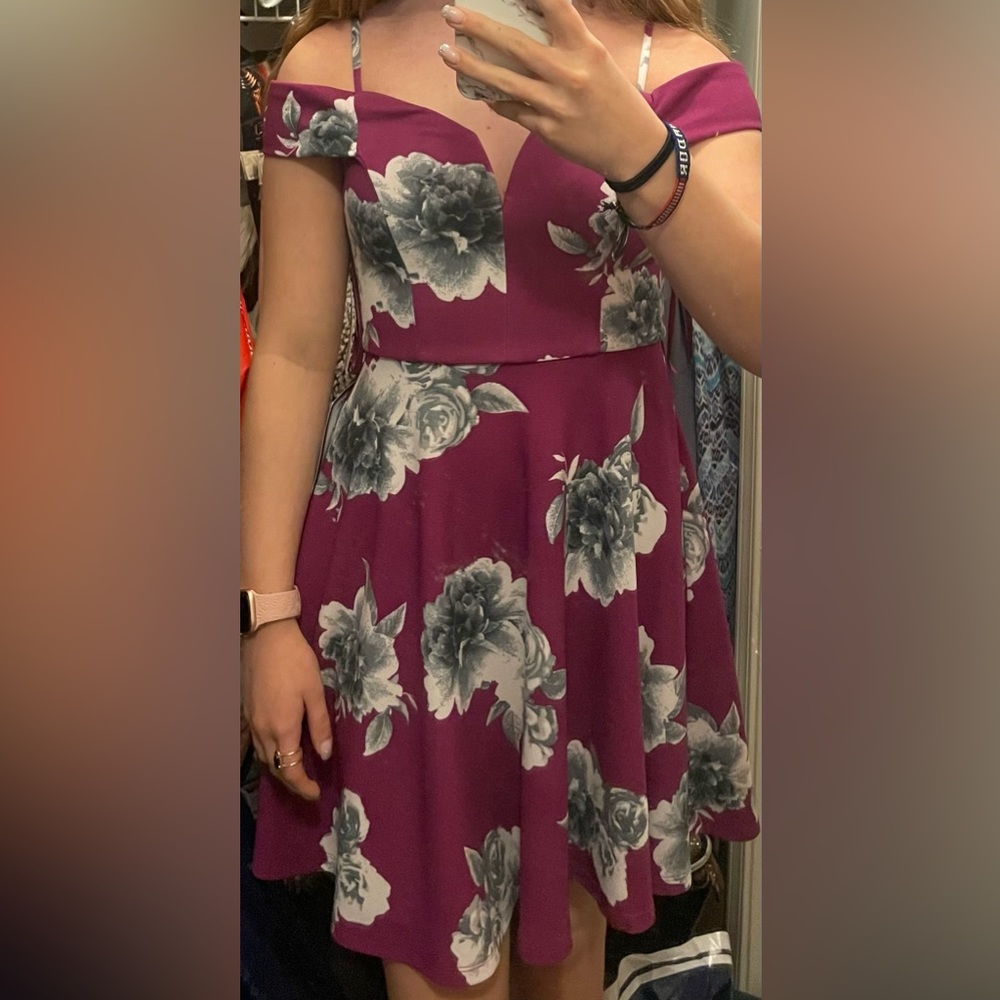 Purple mini dress with white flowers - Macy’s dress (City Studio), size 3